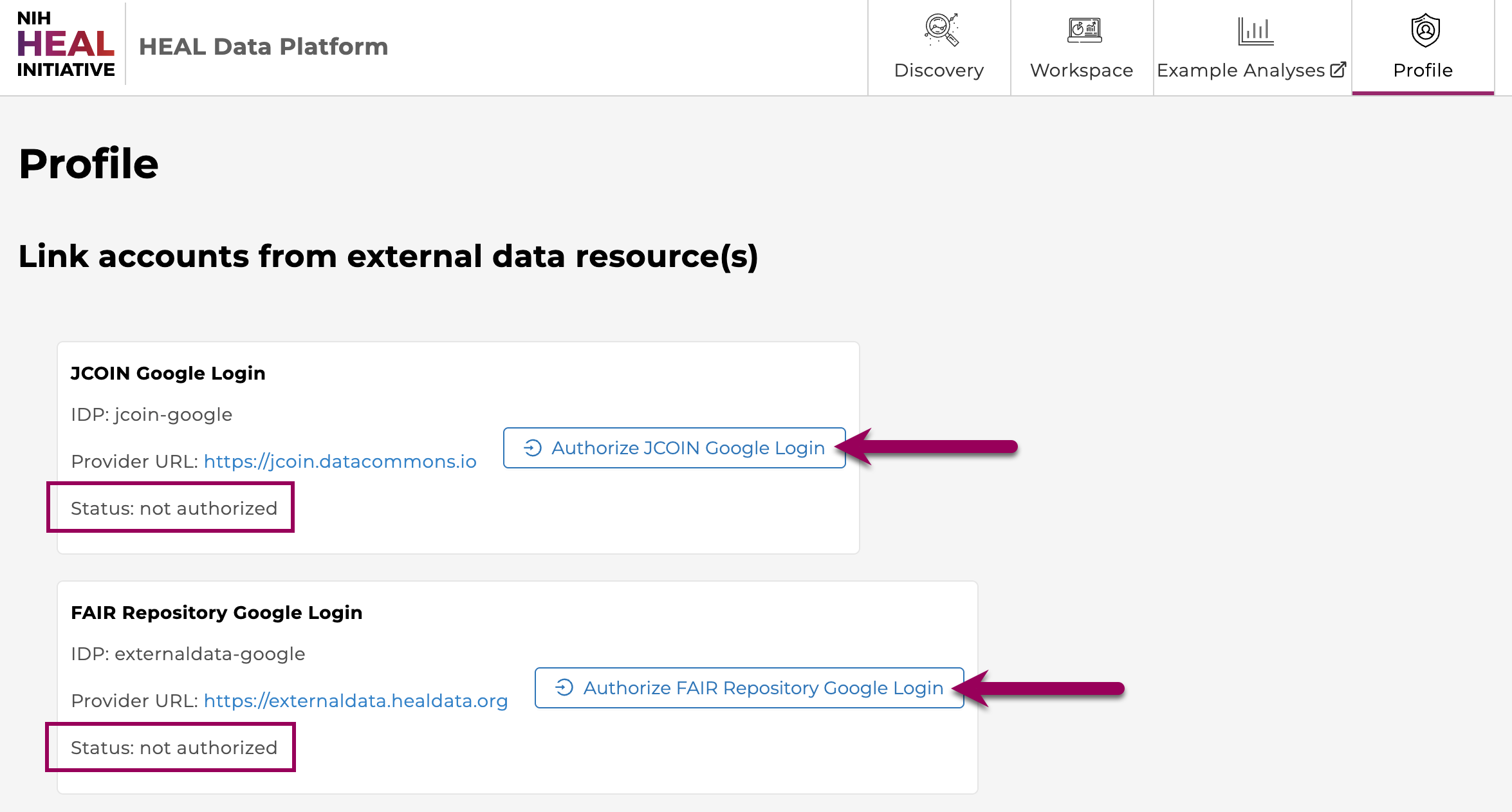 Authorize external resources on the Profile tab
