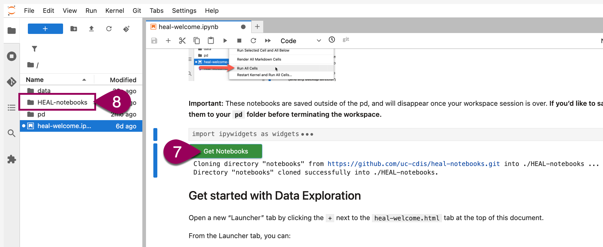 Scroll up to find the green button, and click it to pull the example notebooks into your workspace