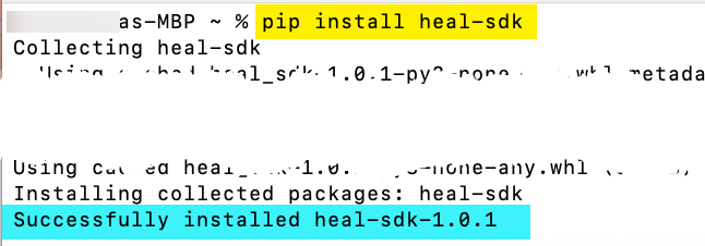 Screenshot of terminal with the installation command and output showing successful installation
