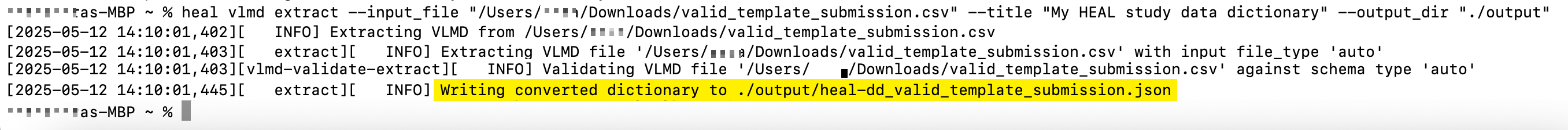 Screenshot of terminal showing successful VLMD extraction with the VLMD took