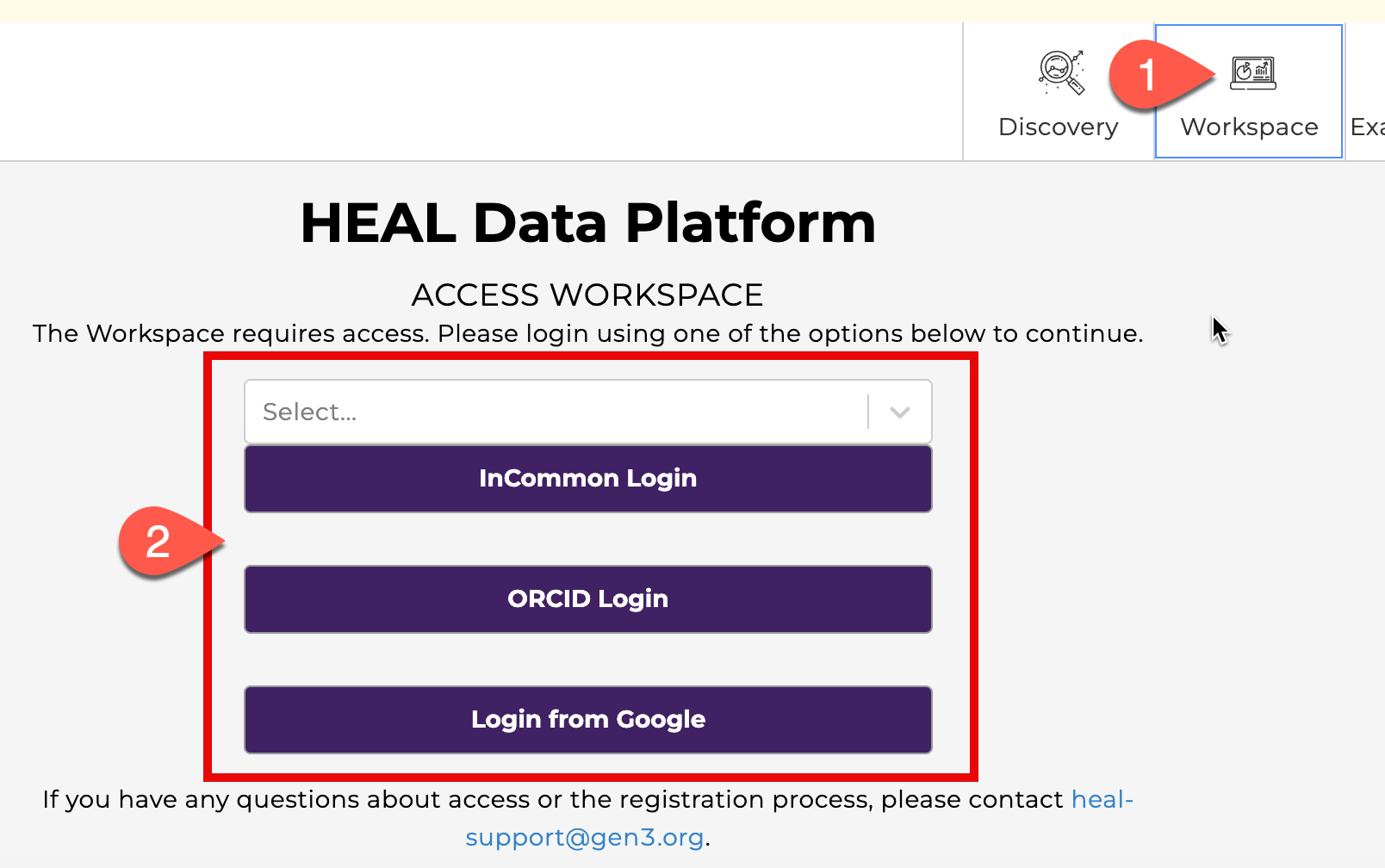 Screenshot showing workspace tab and login screen