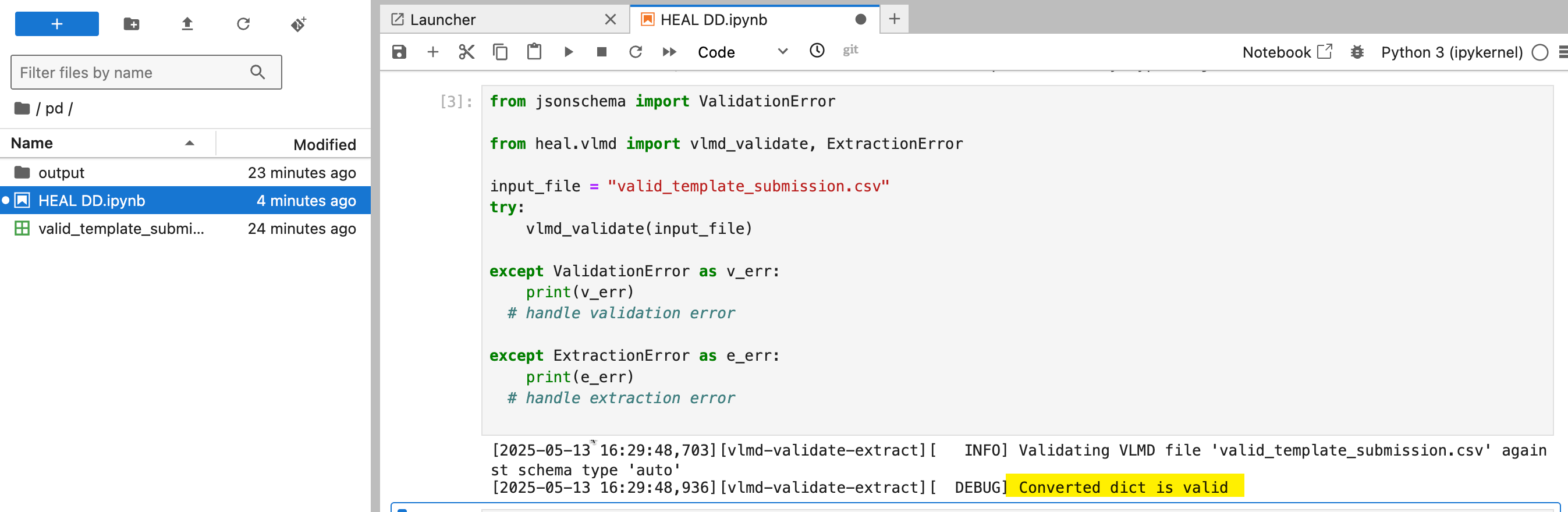 Screenshot of code in workspace validating a dictionary file